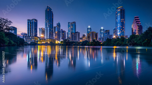 Twilight Reflections: Pearl of the Night City Skyline Over Calm River