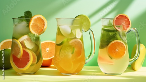 Three pitchers of various lime, lemon, orange and grapefruit drinks on green background with sunny highlights.