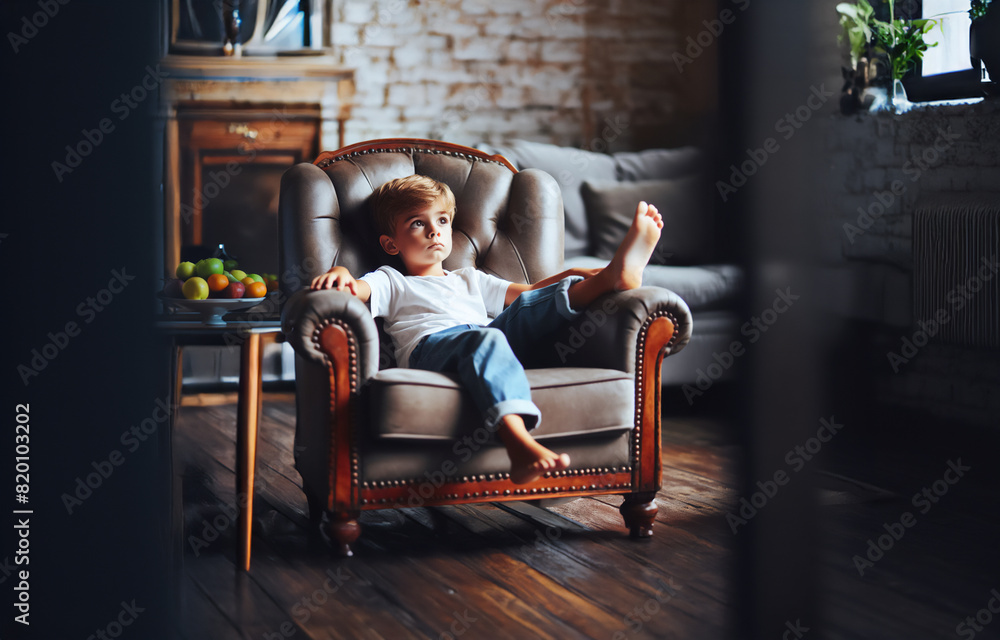 Junge Kind sitzt allein einsam gelangweilt traurig in sich gekehrt barfuß auf Sessel im Wohnzimmer einsam voller Gefühle Emotionen isoliert sich unglücklich verärgert, wütend, unzufrieden, Langeweile Junge Kind sitzt allein einsam gelangweilt traurig in sich gekehrt barfuß auf Sessel im Wohnzimmer einsam voller Gefühle Emotionen isoliert sich unglücklich verärgert, wütend, unzufrieden, Langeweile