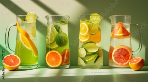 Four pitchers of various lime, lemon, orange and grapefruit drinks on green background with sunny highlights.
