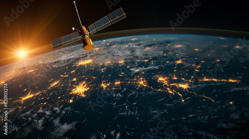 High above the Earth, a satellite gracefully moves through city lights and sunlight, showcasing the beauty of our planet from afar in space, creating a breathtaking view of our globe photo