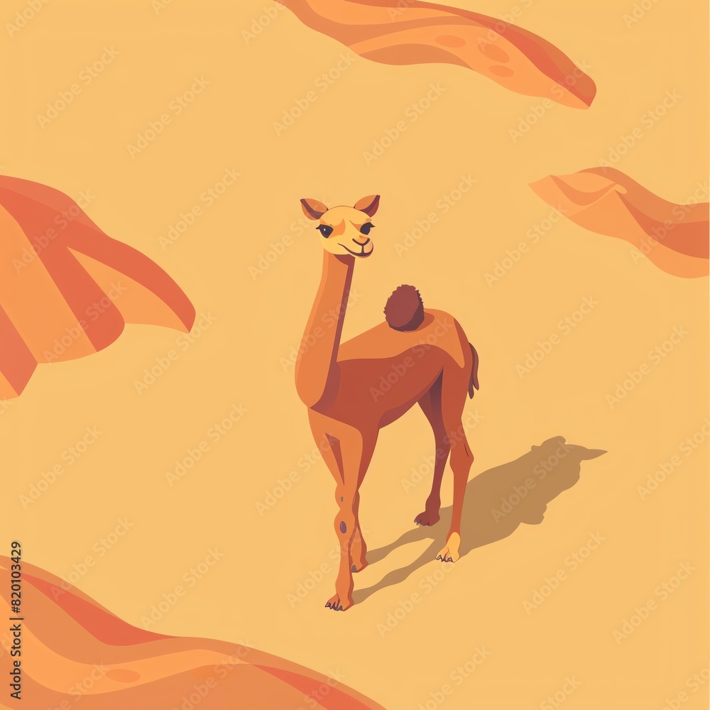 A camel standing in the desert. The camel is tan and has a brown hump. The desert is sandy and has a few rocks. The sky is blue and there are no clouds. A camel standing in the desert. The camel is tan and has a brown hump. The desert is sandy and has a few rocks. The sky is blue and there are no clouds.