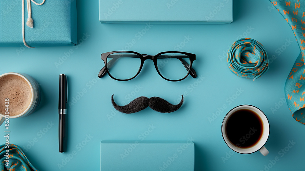 All accessories of Father's day concepts isolated on blue background which top view. Glasses, Black mustache, Necktie, A cup of coffee and the blue box present. Generative AI Illustrations. All accessories of Father's day concepts isolated on blue background which top view. Glasses, Black mustache, Necktie, A cup of coffee and the blue box present. Generative AI Illustrations.