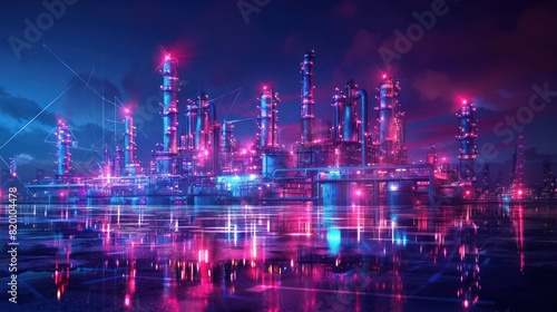 Oil   Gas Production Facility with Storage Tanks and Price Chart - Infrastructure and Demand Concepts as Wide Banner Hologram HUD Data