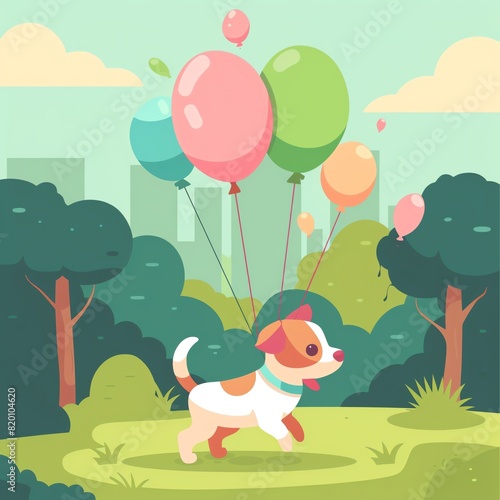 A cute dog is walking in the park with a bunch of colorful balloons tied to its collar