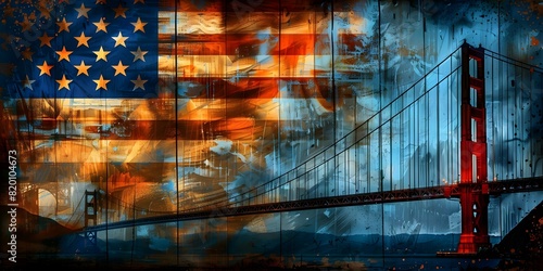 American Flag and Golden Gate Bridge merge in nostalgic grunge art. Concept Grunge art, American flag, Golden Gate Bridge, Nostalgia, Merge