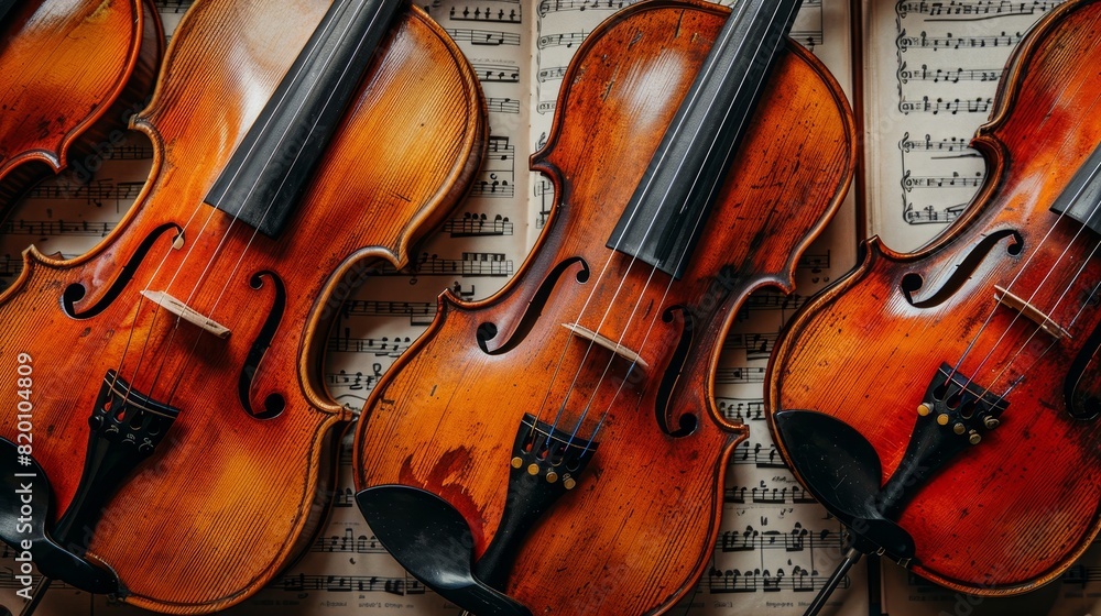 Fototapeta premium Diverse musical instruments placed on symphony sheet music for intricate composition
