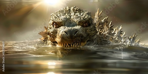 Detailed depiction of Godzilla submerged in the water. Concept Monster, Creature, Submerged, Water, Godzilla