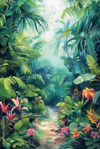 Colorful digital artwork of a lush jungle path with an abundance of exotic plants and foliage