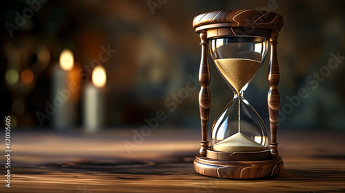 Vintage Hourglass on Wooden Table with Lit Candles in the Background