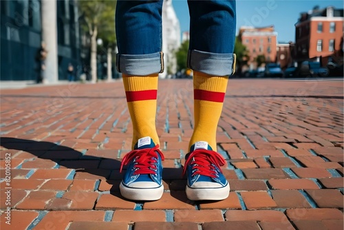 Kid legs with different pair of socks and red sneakers standing in the street outdoors. Child foots in mismatched socks. Odd Socks day, Anti-Bullying Week, Down syndrome awareness concept  photo