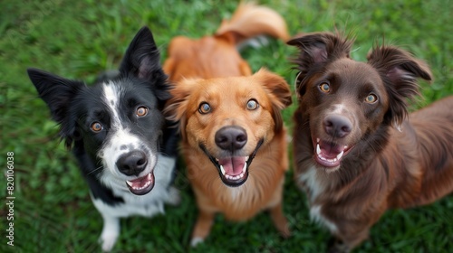 Three cheerful dogs of the same breed but of different colors, cheerfully looking up at the owner and waiting for a command. Dog training