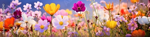 Colorful summer flowers, nature background, long banner © lattesmile