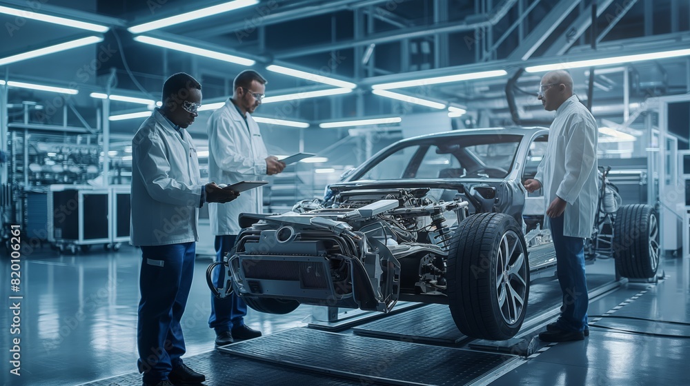 At the hightech automotive manufacturing facility, a team of three engineers examines a car chassis for precision and quality. They ensure the production process meets quality control standards