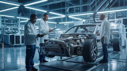 At the hightech automotive manufacturing facility, a team of three engineers examines a car chassis for precision and quality. They ensure the production process meets quality control standards