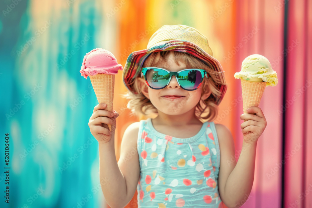 Funny kid girl in sunglasses holding luxury ice cream Funny kid girl in sunglasses holding luxury ice cream