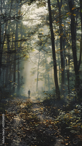 Misty Morning Solitude: A Lone Figure Exploring the Serenity of an Untouched Woodland