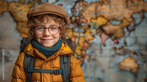 Young boy in cap and glasses posing by school map  emphasizing importance of education