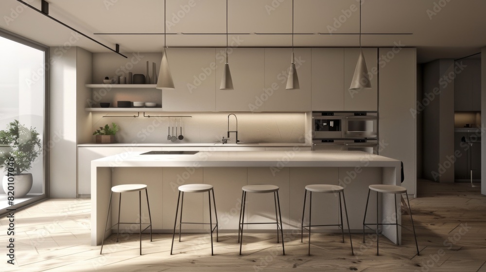Minimalist kitchen island with bar stools, simple pendant lighting, and uncluttered countertops, highlighting functionality and style. Minimalist kitchen island with bar stools, simple pendant lighting, and uncluttered countertops, highlighting functionality and style.