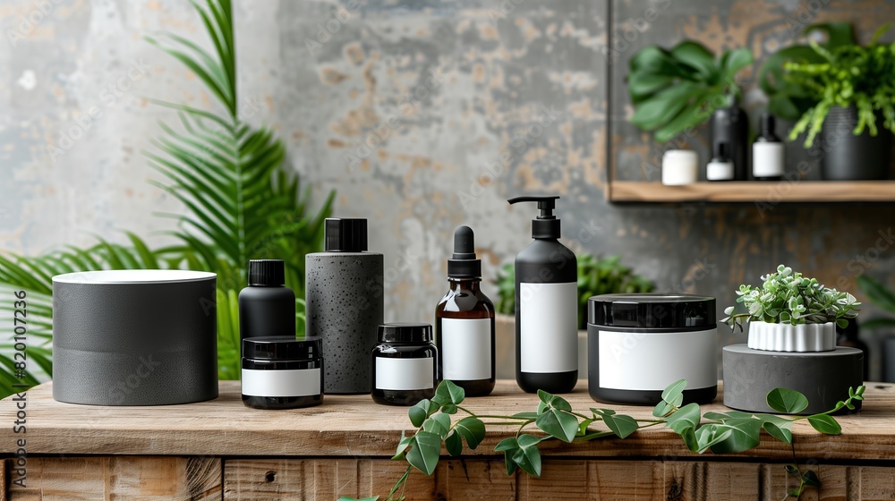 A wooden shelf with cosmetic bottles against the background of concrete walls. A wooden shelf with cosmetic bottles against the background of concrete walls.