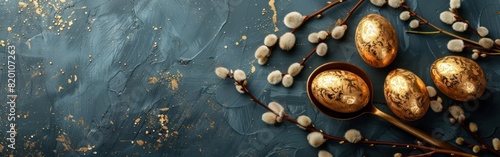 Golden Easter Egg Celebration with Catkins and Quail Eggs on Concrete Table - Top View Background Banner
