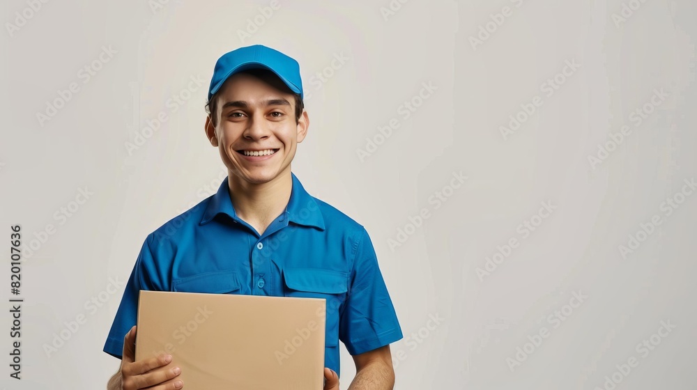 Cheerful delivery man in blue uniform holding a package with both hands, ready to deliver a parcel. Professional service and reliability. Cheerful delivery man in blue uniform holding a package with both hands, ready to deliver a parcel. Professional service and reliability.