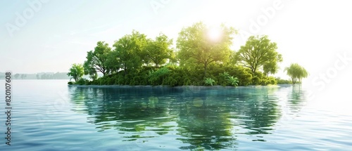 Serene island surrounded by clear water  illuminated by the sun  lush green trees create a peaceful and natural paradise. Calm and tranquil scenery.