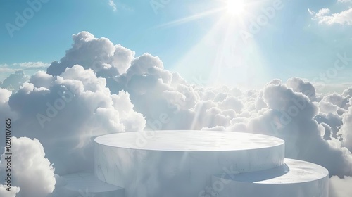 A serene and ethereal platform floating among fluffy clouds under a bright sun, evoking a sense of tranquility and heavenly peace.