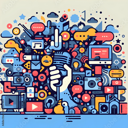 Concept of Digital Communication and Media Frenzy: Vibrant Illustration of Voice Power Amidst Colorful Media Icons Representing Innovation, Creativity, and the Overwhelming Digital Age
