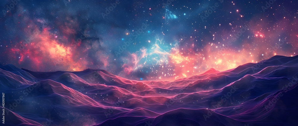 Enchanting Cosmic Landscape with Glowing Nebula and Starry Sky over Silhouetted Mountain Range