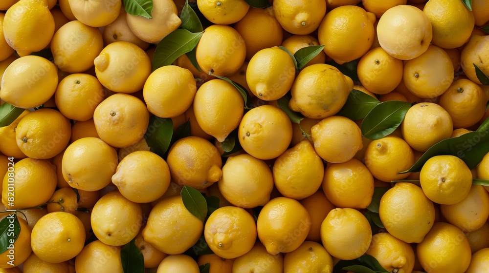 Lots of lemons with leaves. Top view of lemon background Lots of lemons with leaves. Top view of lemon background