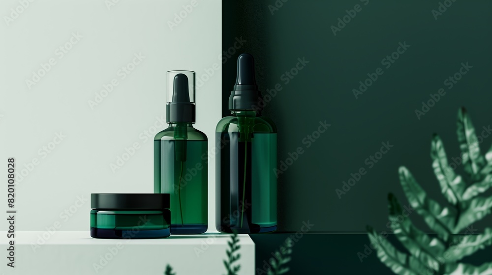 A dark green and white background with beauty products. A dark green and white background with beauty products.