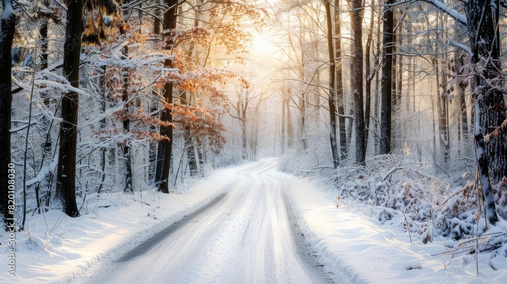 Beautiful winter forest road covered in snow with sunlight breaking through the trees, creating a serene and peaceful atmosphere. Beautiful winter forest road covered in snow with sunlight breaking through the trees, creating a serene and peaceful atmosphere.