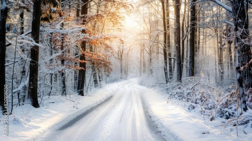 Beautiful winter forest road covered in snow with sunlight breaking through the trees, creating a serene and peaceful atmosphere.
