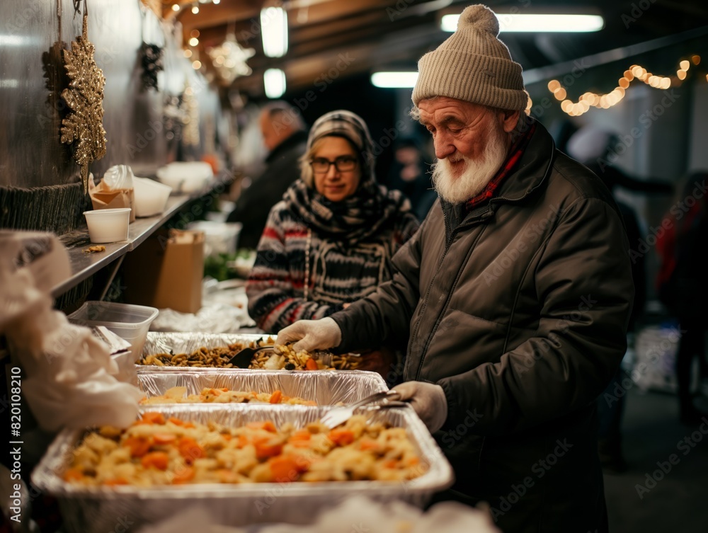 A man in a white hat is smiling as he serves food from a tray. There are other people in the background, some of them wearing hats. The scene appears to be a festive gathering A man in a white hat is smiling as he serves food from a tray. There are other people in the background, some of them wearing hats. The scene appears to be a festive gathering