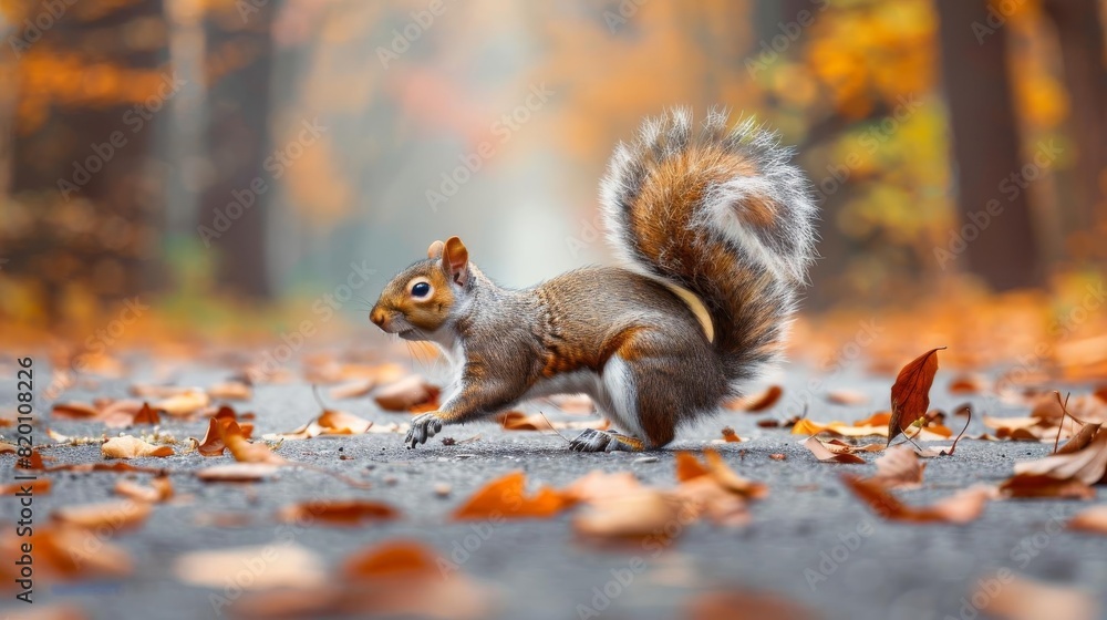 Squirrel on a colorful autumn path with fallen leaves, focuses on the vibrant tail and rich seasonal colors in the background.