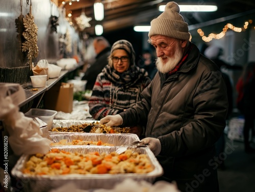 A man in a white hat is smiling as he serves food from a tray. There are other people in the background  some of them wearing hats. The scene appears to be a festive gathering