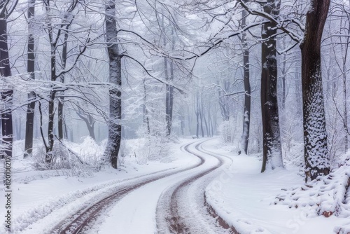 A serene snowy forest road winding through tall trees, creating a peaceful winter landscape and evoking the beauty of nature's quiet season. © reels