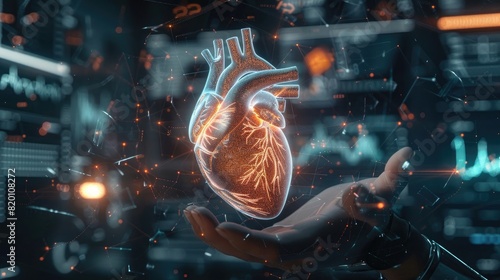 3D rendered holographic heart with hand of scientist, futuristic medical technology concept