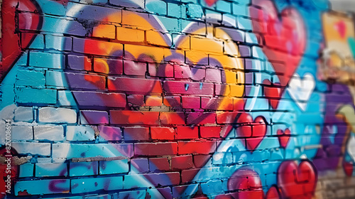 Brick wall with painted hearts in graffiti style. AI