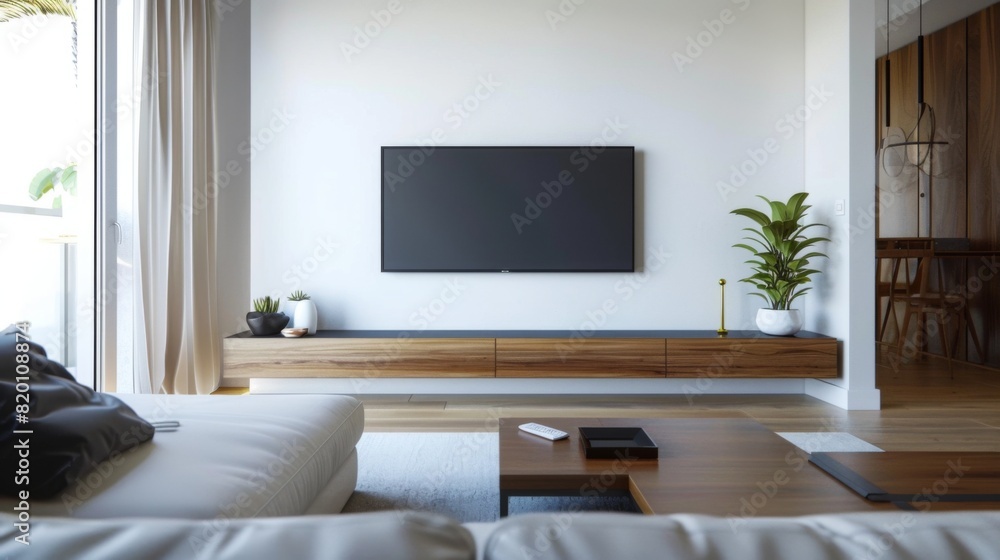 Minimalist living room with a wall-mounted TV, low-profile media console, and a few essential decorative items, keeping the space airy and open. Minimalist living room with a wall-mounted TV, low-profile media console, and a few essential decorative items, keeping the space airy and open.