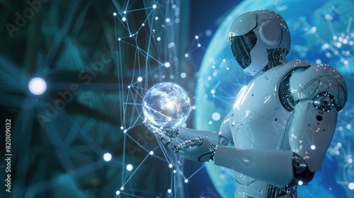 3d render of white humanoid robot touching glowing holographic planet earth on blue background with digital connections, AI concept