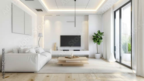 Minimalist living room with a white color scheme, a sleek coffee table, and minimalistic wall decor. © Plaifah