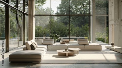 Minimalist living room with a white sofa  a single coffee table  and large windows letting in natural light.