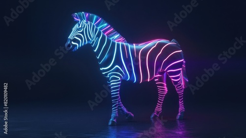 3d render of zebra hologram with neon glowing lines on dark background  full body side view