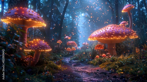 Enchanting Mushroom Landscape Illustration for Alice in Wonderland Fairy Tale