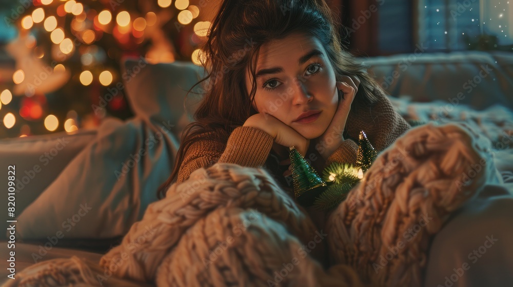 Isolated on an illuminated indoor background is a lovely, cute girlfriend with brown hair who is sitting on a comfortable couch and clutching Christmas trees Isolated on an illuminated indoor background is a lovely, cute girlfriend with brown hair who is sitting on a comfortable couch and clutching Christmas trees