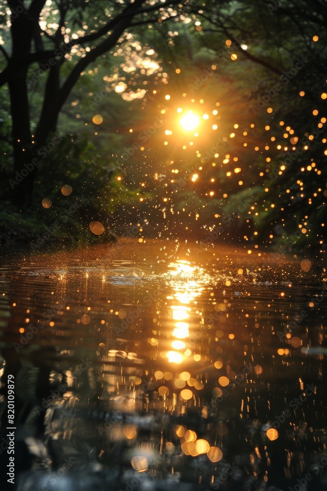 Raindrops falling on a sunny day in the forest