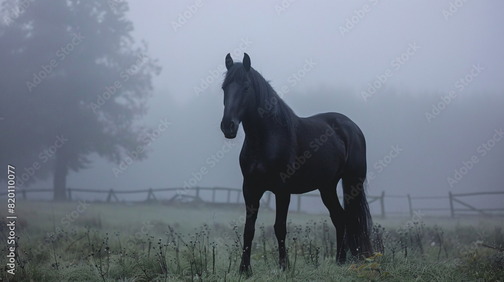 Black horse standing in a misty field. Mysterious and majestic image of a horse in a foggy landscape. Black horse standing in a misty field. Mysterious and majestic image of a horse in a foggy landscape.