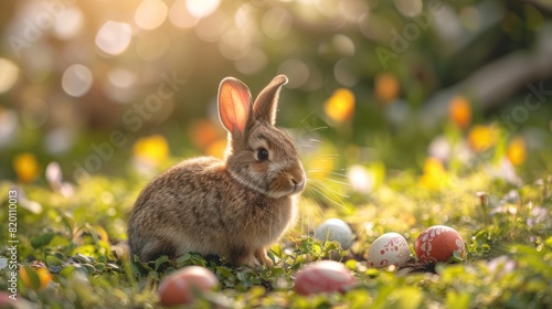 Sunny Easter Bunny with Decorated Eggs in Garden